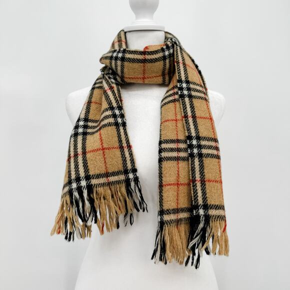 Burberry Scarf Wool Nova Check Plaid Beige Brown Winter Authentic Fringe - Picture 1 of 7